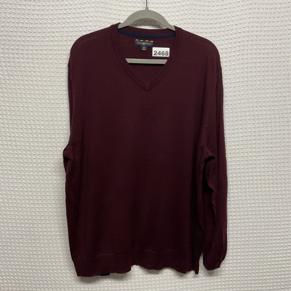 Club Room Merino Wool Blend Sweater Sz XL Slim V Neck Burgundy Tight Knit Preppy